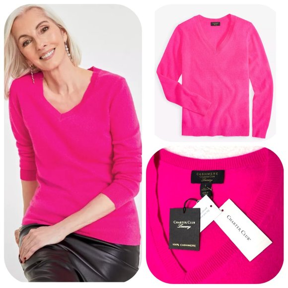 NWT 100% Cashmere V-Neck Pink Flame Sweater L - Picture 1 of 6